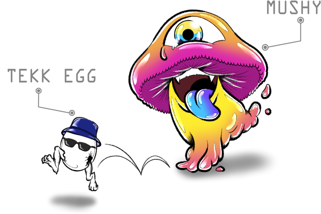 Mushy and Tekk Egg, two small VISIV mascot characters